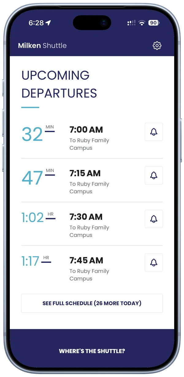 Upcoming departures list with a reminder bell next to each run