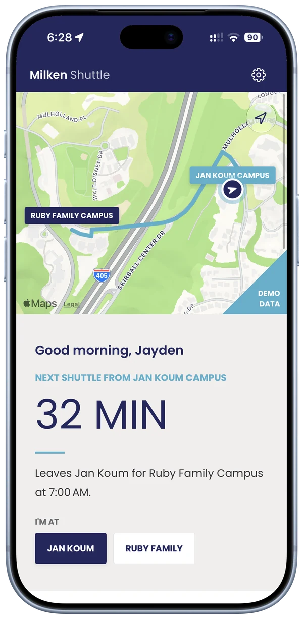 Home screen with a map of the route between Jan Koum and Ruby Family campuses and the next shuttle in 32 minutes